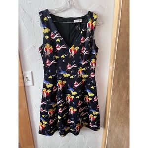 Frock Shop‎ Black Tropical Bird Print Fit & Flare V-Neck Pocket Dress Womens M